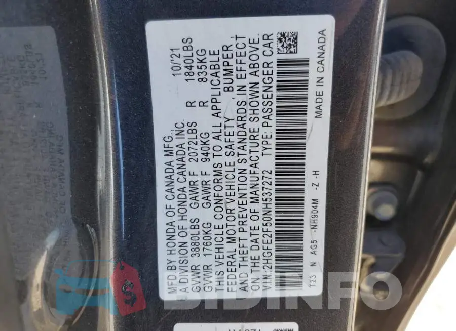 2HGFE2F50NH537272 Photo# 12