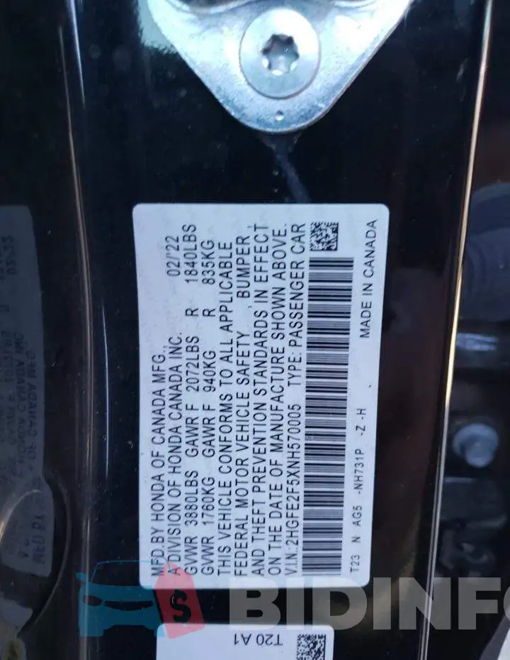 2HGFE2F5XNH570005 Photo# 12