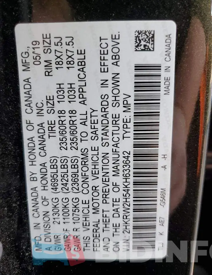2HKRW2H54KH633642 Photo# 12