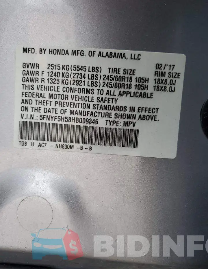 5FNYF5H58HB009346 Photo# 13