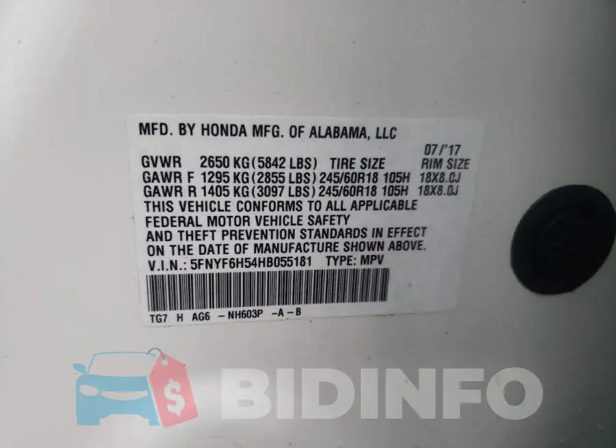 5FNYF6H54HB055181 Photo# 13