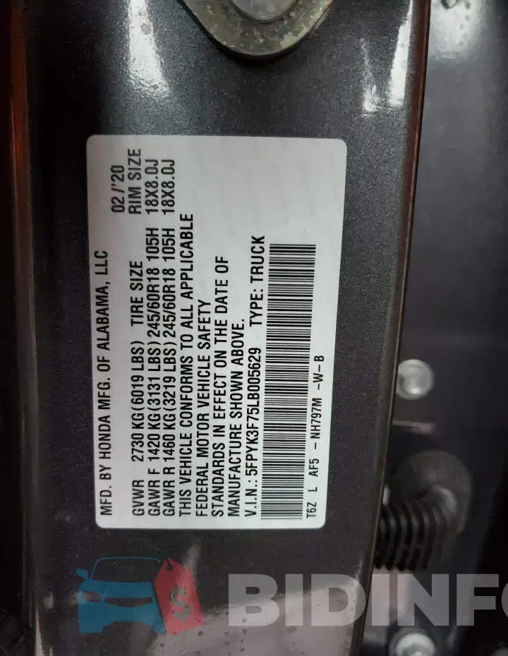 5FPYK3F75LB005629 Photo# 12
