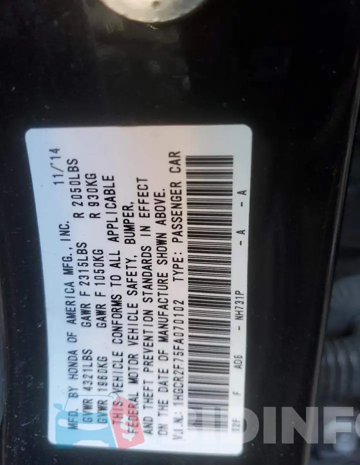 1HGCR2F75FA070102 Photo# 12