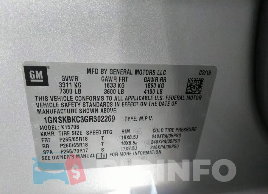 1GNSKBKC3GR302269 Photo# 9
