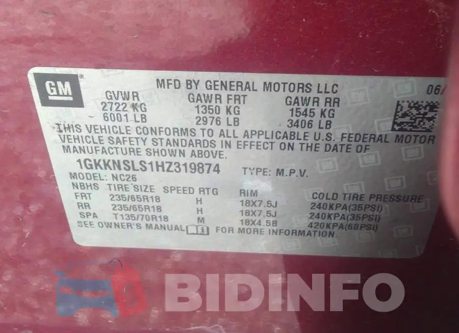 1GKKNSLS1HZ319874 Photo# 9