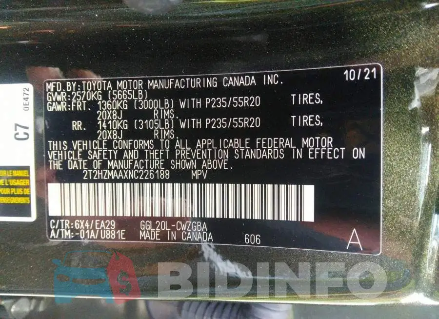 2T2HZMAAXNC226188 Photo# 9
