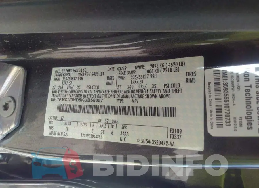 1FMCU0HD5KUB58057 Photo# 9