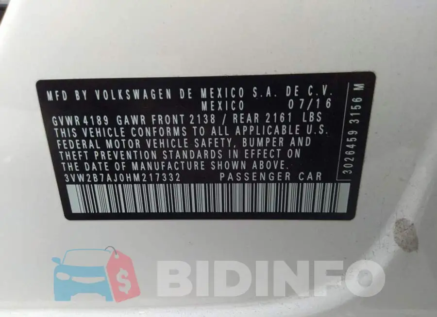 3VW2B7AJ0HM217332 Photo# 9