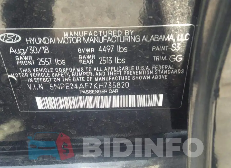 5NPE24AF7KH735820 Photo# 9