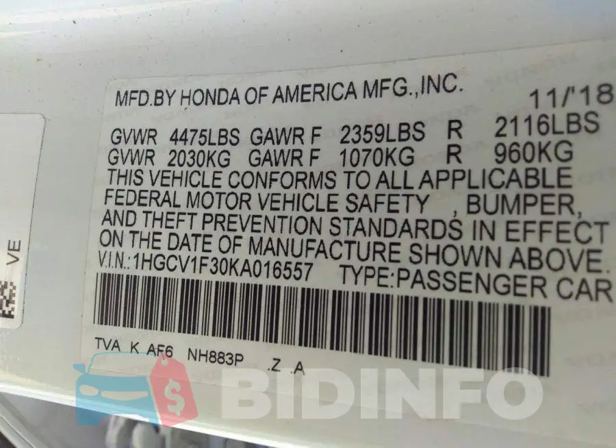 1HGCV1F30KA016557 Photo# 9