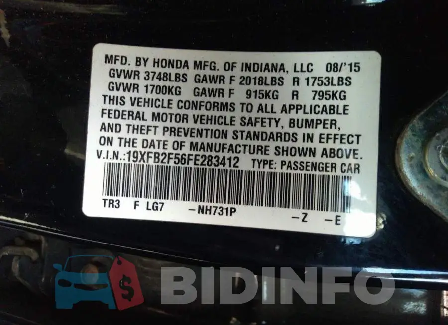 19XFB2F56FE283412 Photo# 9
