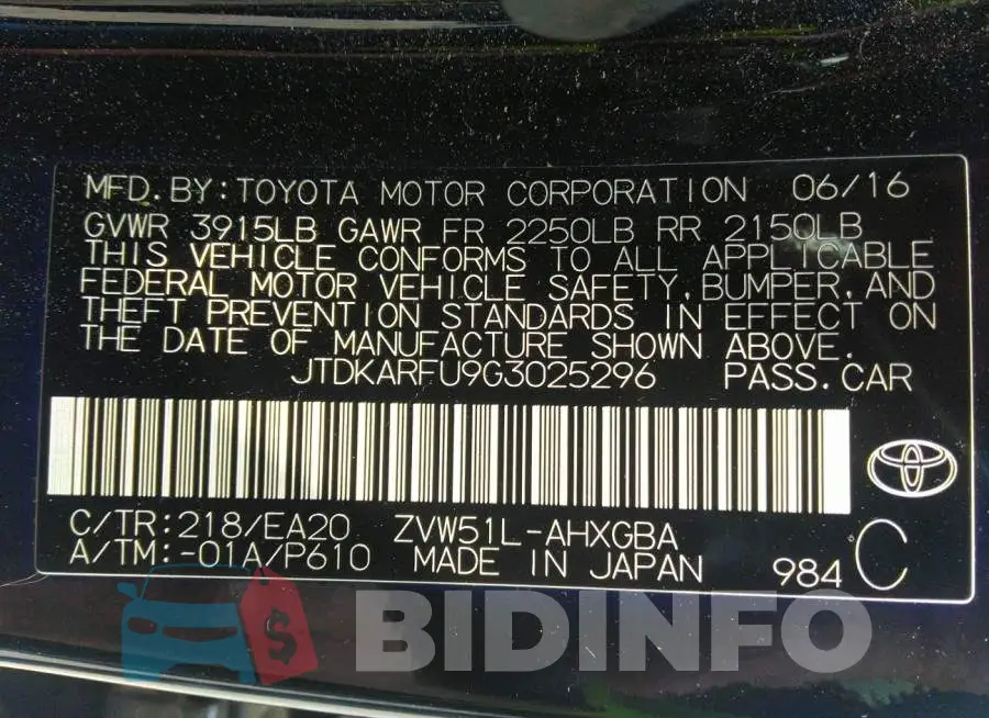 JTDKARFU9G3025296 Photo# 9