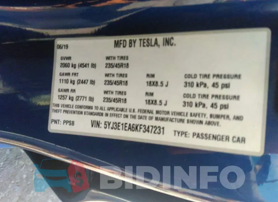 5YJ3E1EA6KF347231 Photo# 9