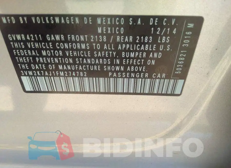 3VW2K7AJ1FM274782 Photo# 9