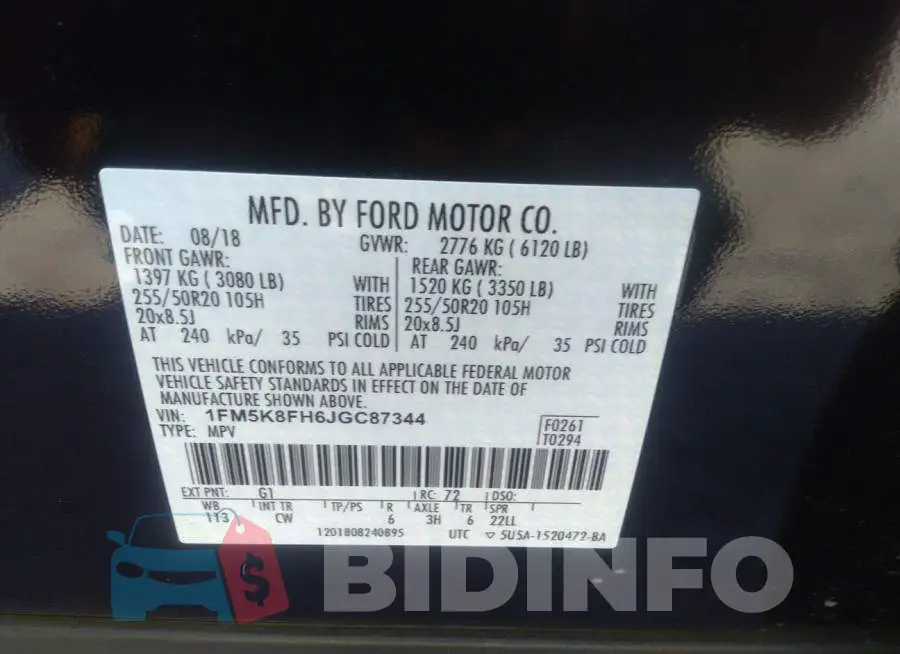 1FM5K8FH6JGC87344 Photo# 9