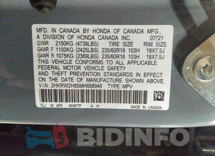 2HKRW2H85MH668946 Photo# 9