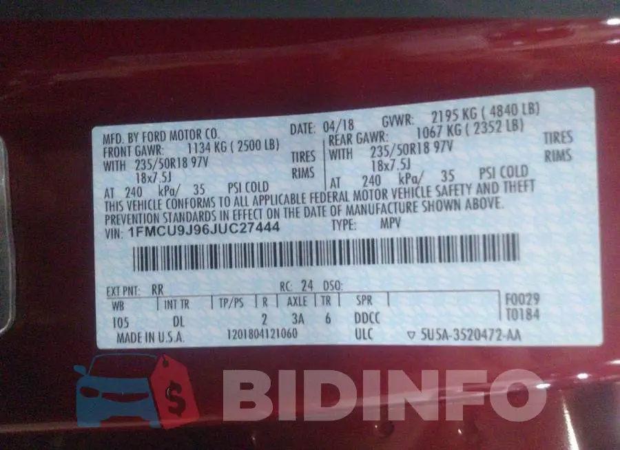 1FMCU9J96JUC27444 Photo# 9