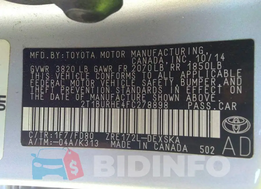2T1BURHE4FC278898 Photo# 9