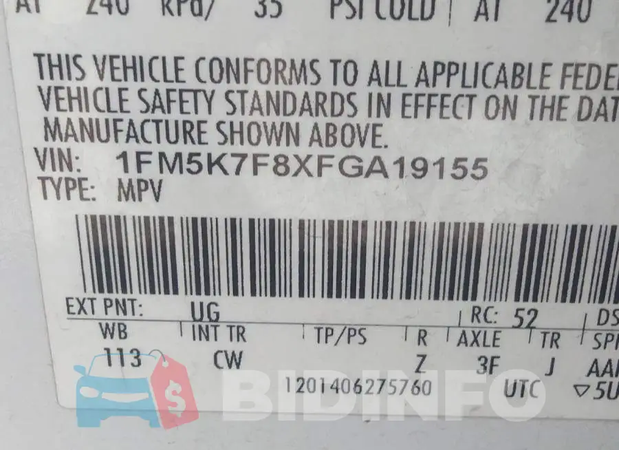 1FM5K7F8XFGA19155 Photo# 9