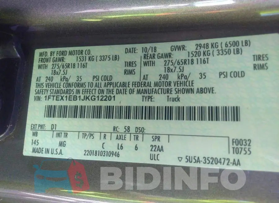 1FTEX1EB1JKG12201 Photo# 9