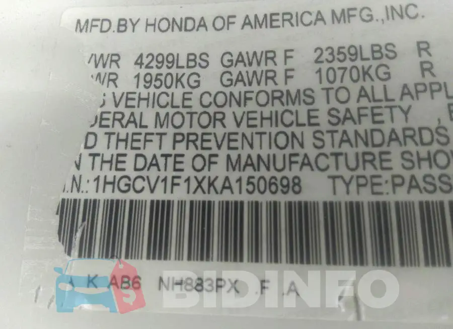 1HGCV1F1XKA150698 Photo# 9