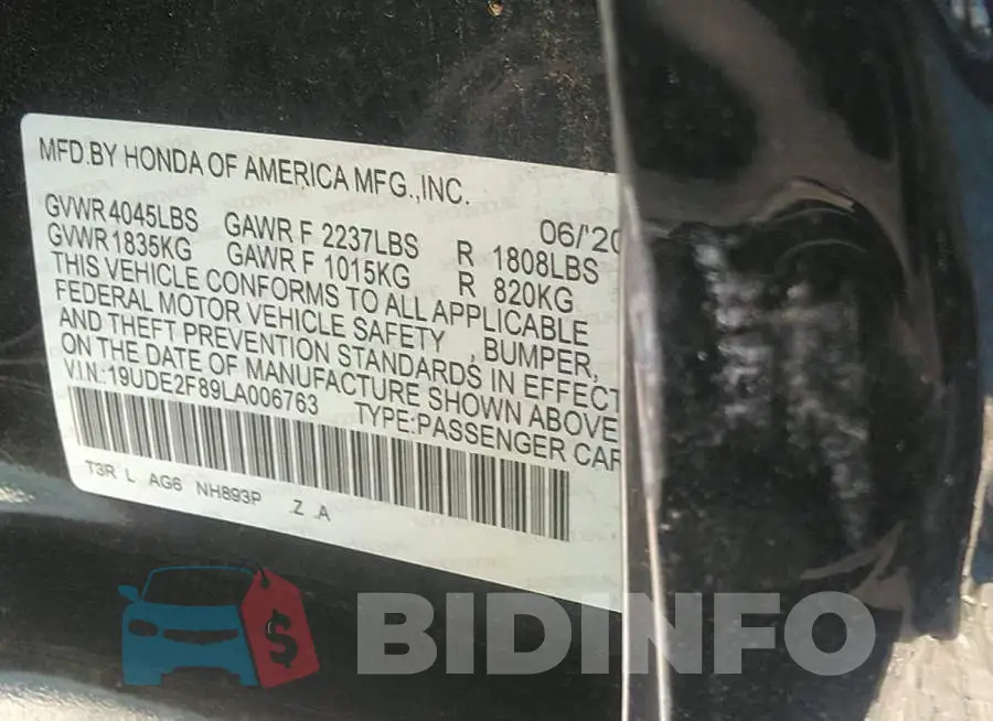 19UDE2F89LA006763 Photo# 9