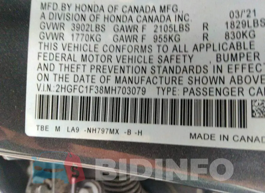 2HGFC1F38MH703079 Photo# 9