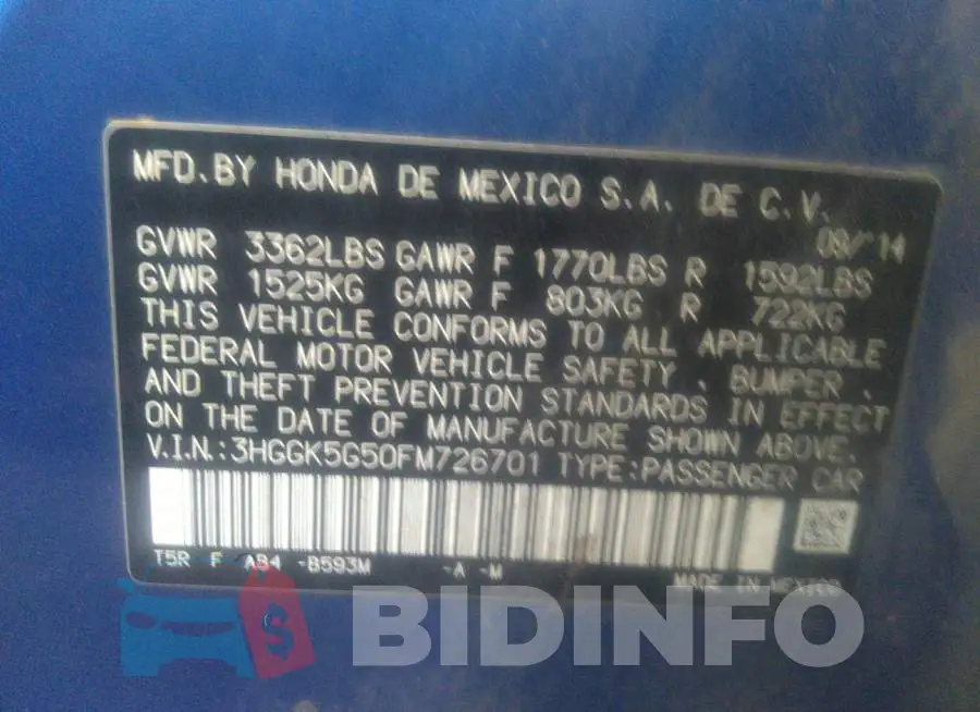 3HGGK5G50FM726701 Photo# 9