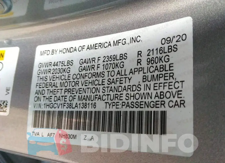 1HGCV1F38LA138116 Photo# 9