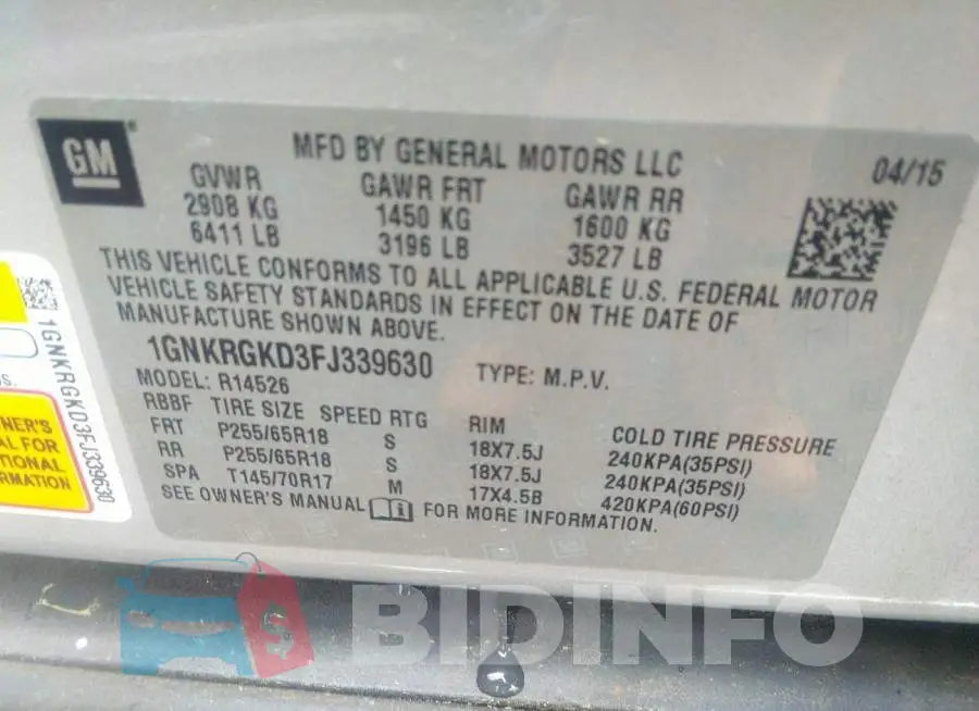1GNKRGKD3FJ339630 Photo# 8