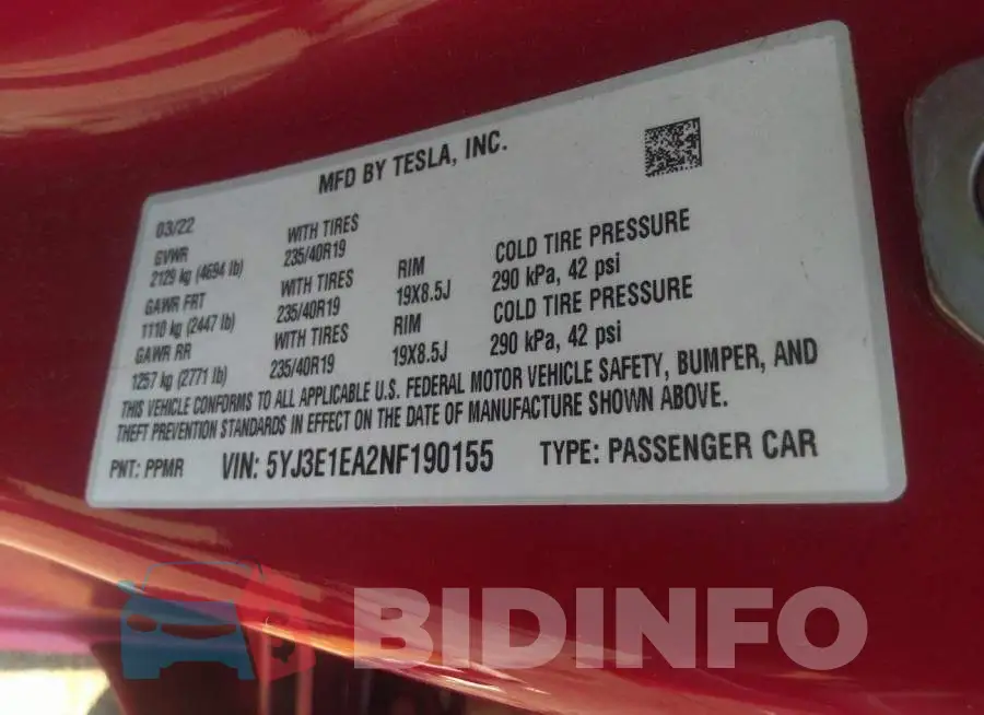 5YJ3E1EA2NF190155 Photo# 9