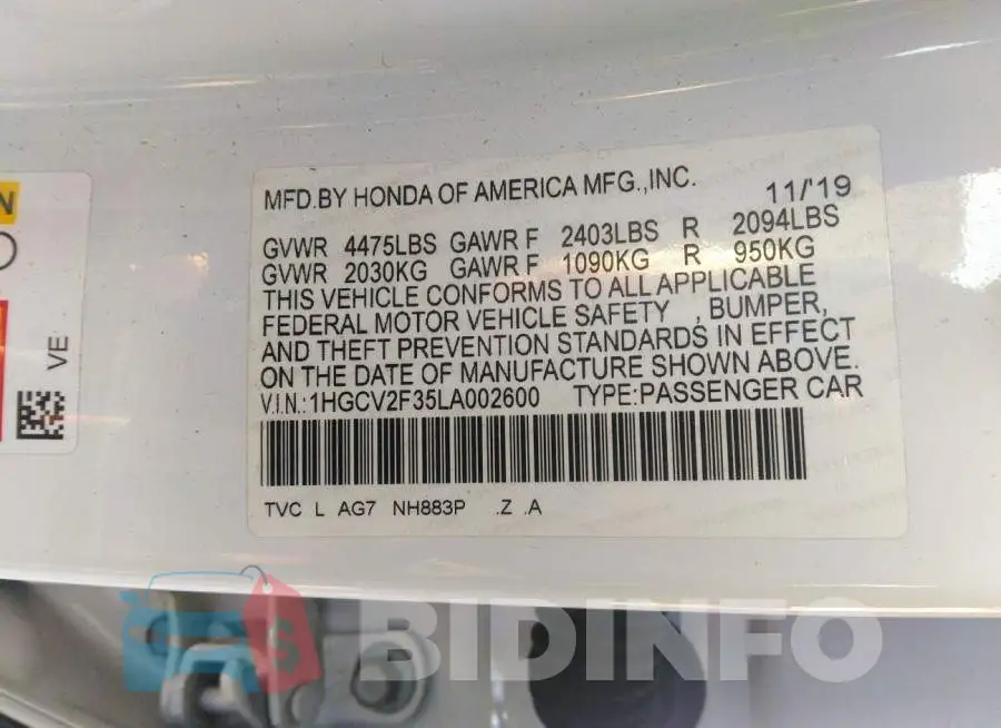 1HGCV2F35LA002600 Photo# 9