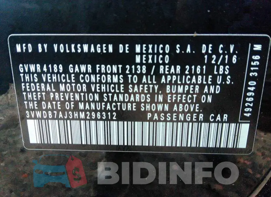 3VWDB7AJ3HM296312 Photo# 9