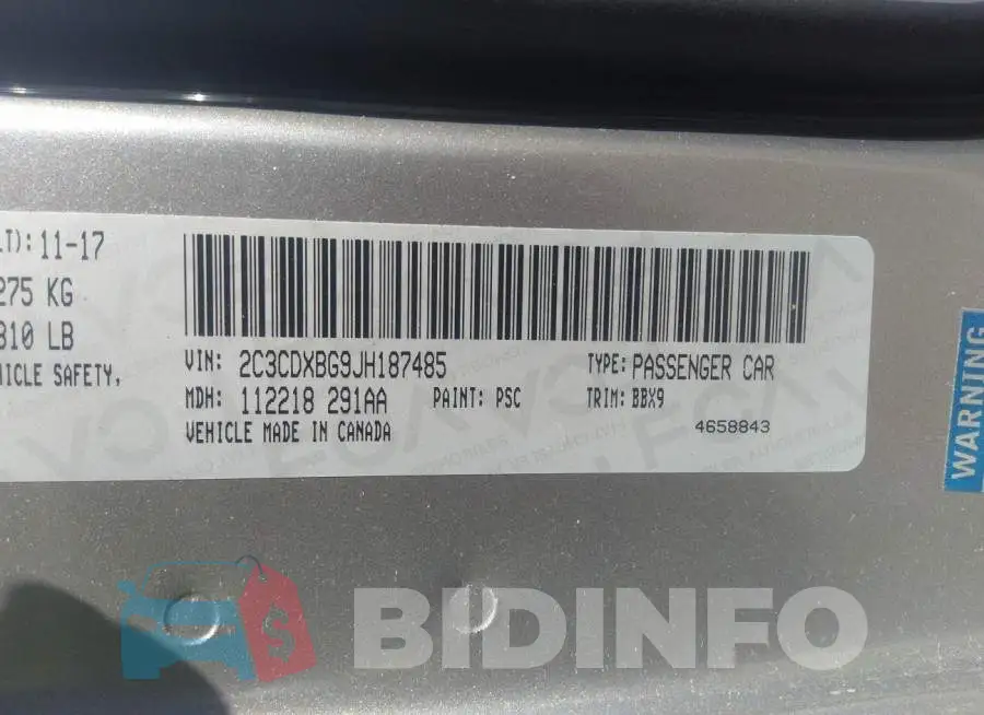 2C3CDXBG9JH187485 Photo# 9