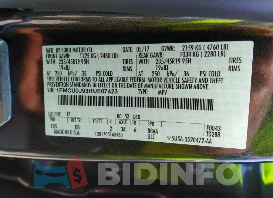 1FMCU0J93HUE07423 Photo# 9