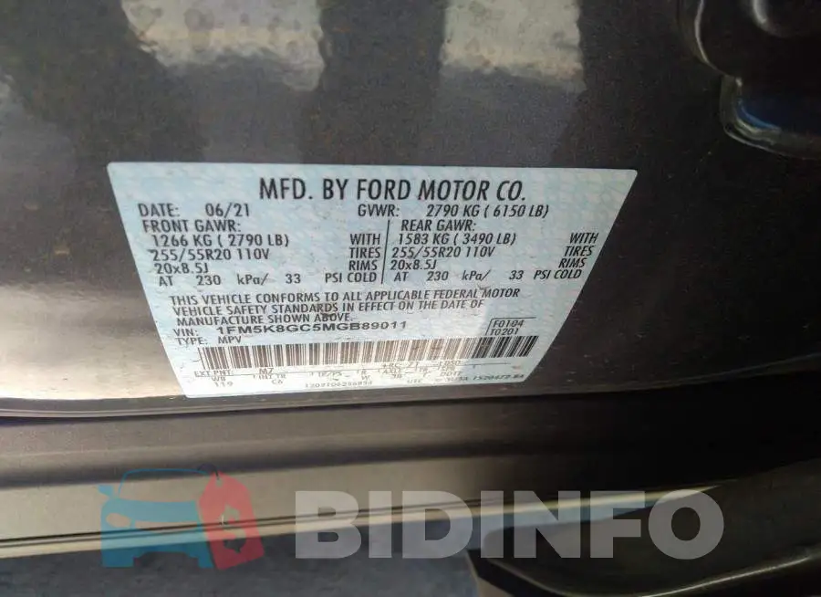 1FM5K8GC5MGB89011 Photo# 9