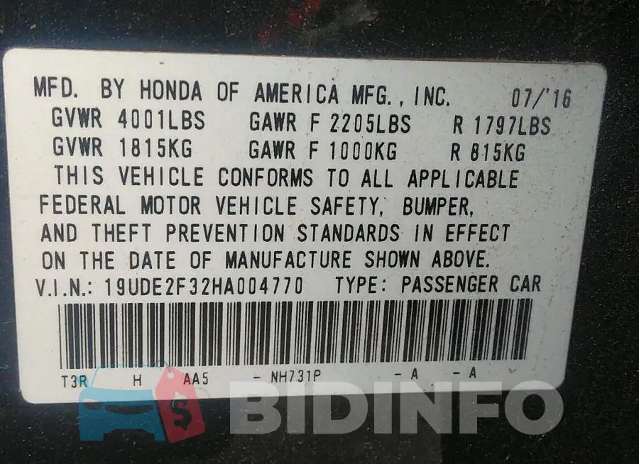 19UDE2F32HA004770 Photo# 9
