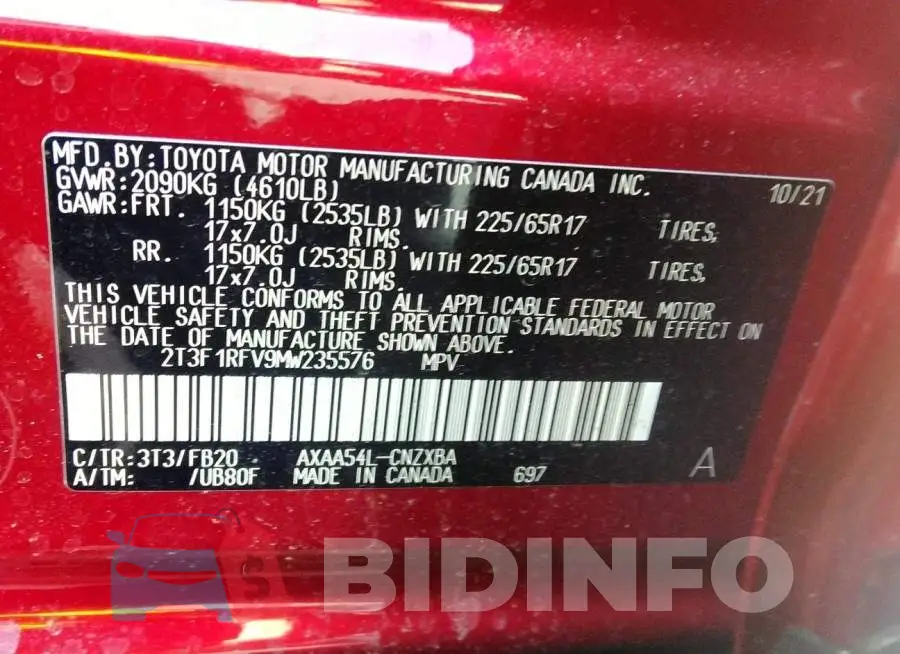 2T3F1RFV9MW235576 Photo# 9
