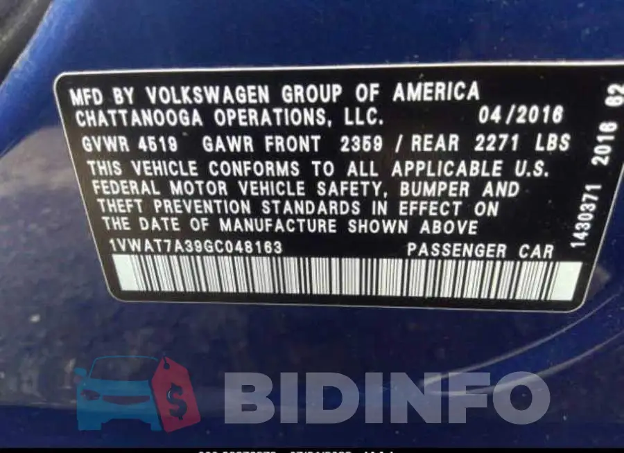 1VWAT7A39GC048163 Photo# 9