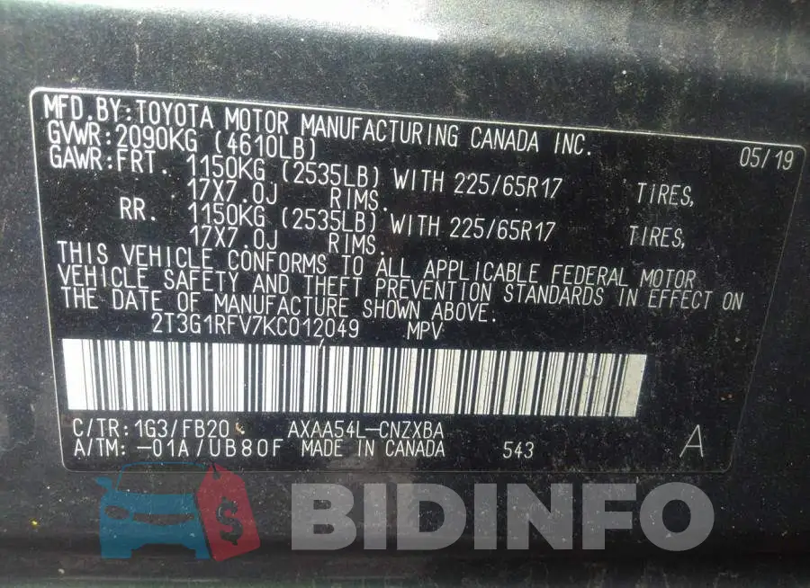 2T3G1RFV7KC012049 Photo# 9