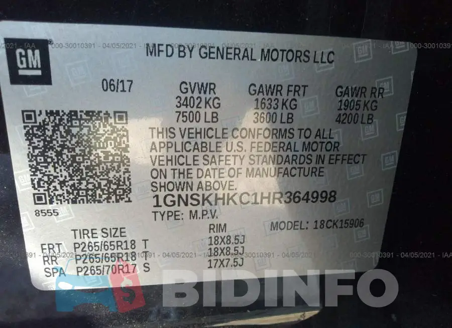 1GNSKHKC1HR364998 Photo# 9