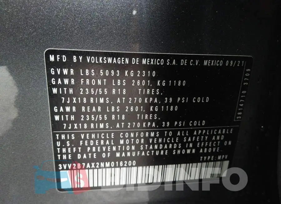 3VV2B7AX2NM016200 Photo# 9