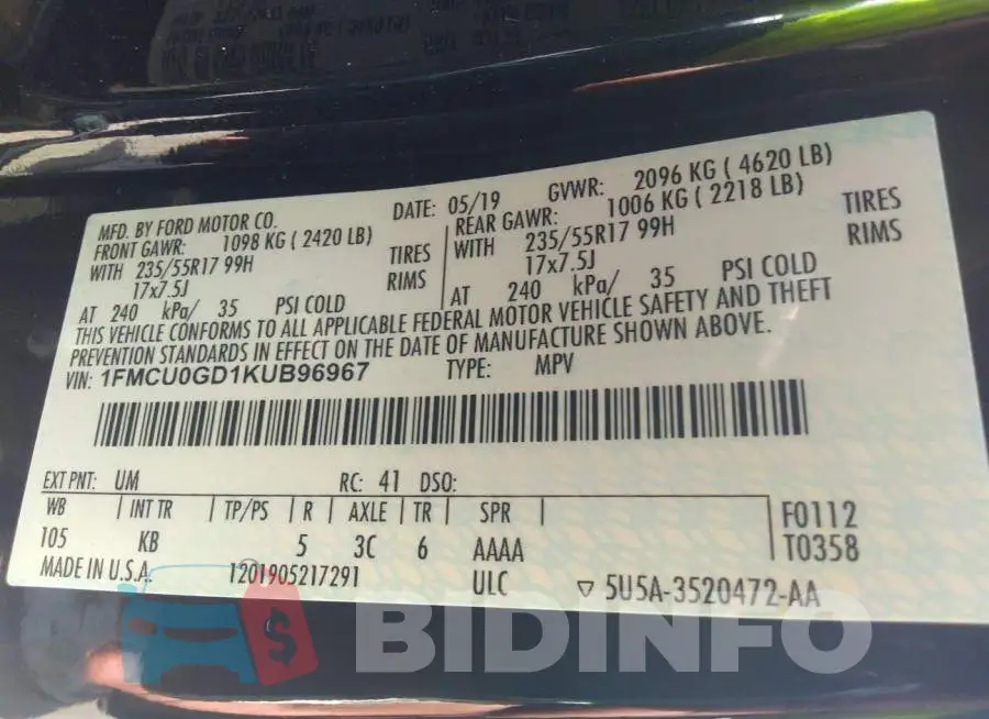 1FMCU0GD1KUB96967 Photo# 9