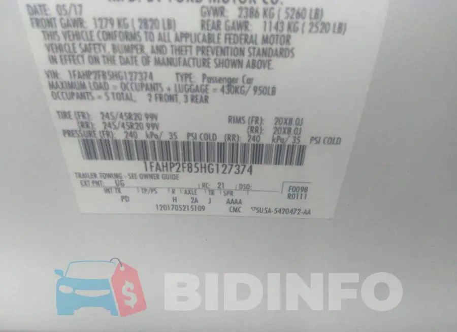 1FAHP2F85HG127374 Photo# 9