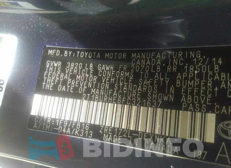 2T1BURHE6FC321637 Photo# 9