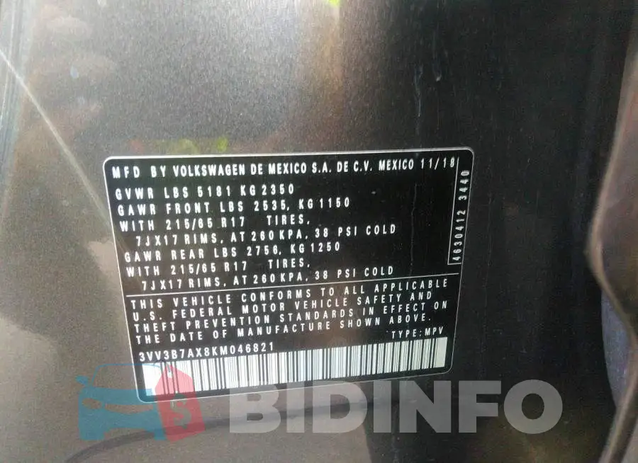 3VV3B7AX8KM046821 Photo# 9