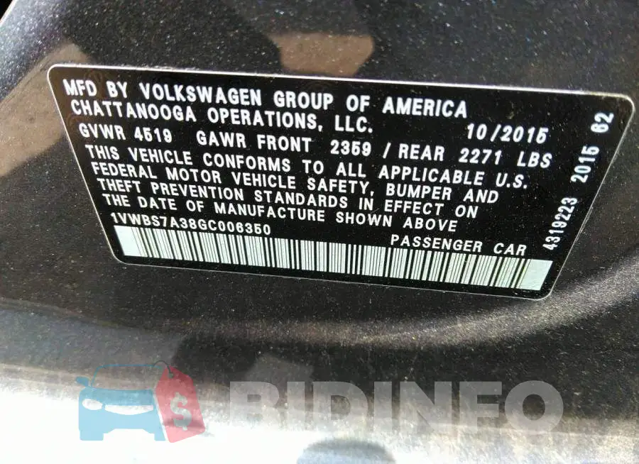 1VWBS7A38GC006350 Photo# 9