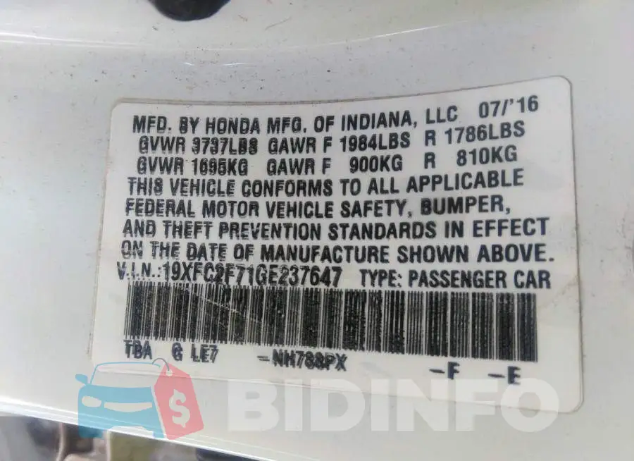 19XFC2F71GE237647 Photo# 9