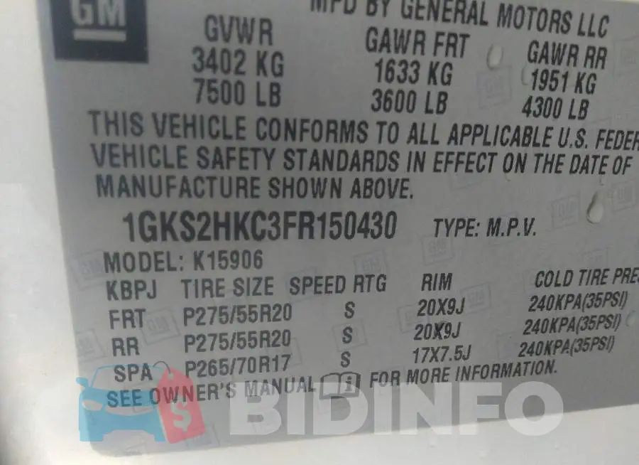 1GKS2HKC3FR150430 Photo# 9