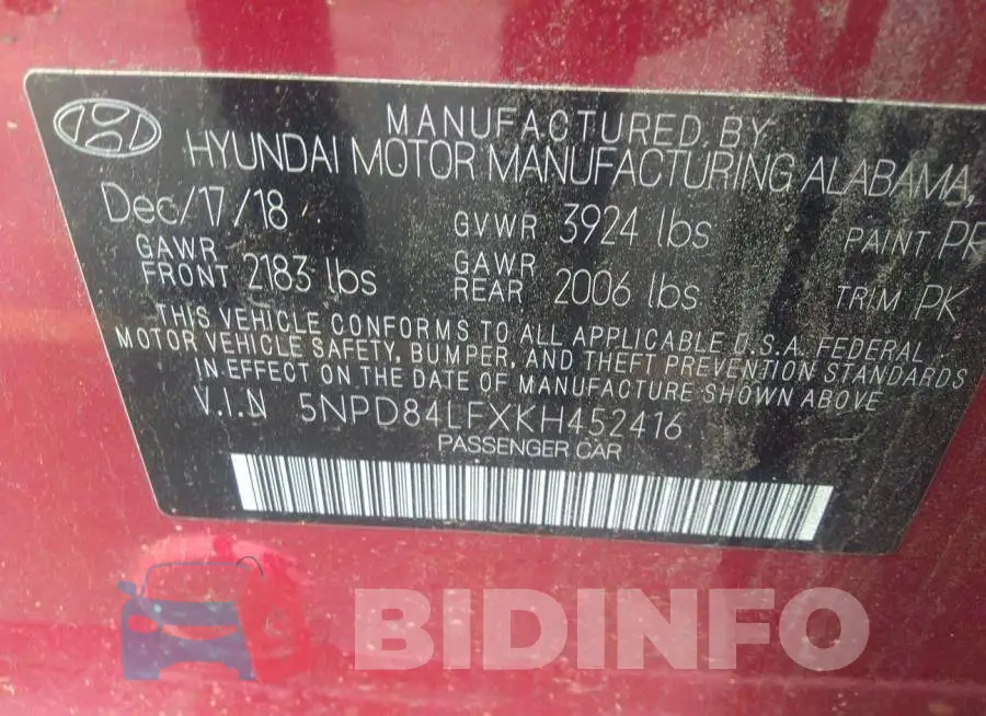 5NPD84LFXKH452416 Photo# 9